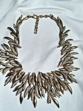 Gold-Toned Leaf Crystal Statement Necklace - Women Jewelry